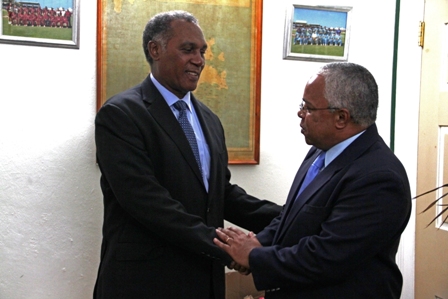 Premier of Nevis Hon. Vance Amory welcomes Cuban Ambassador His Excellency Hugo Ruiz Cabrera to his Office at Bath Plain on November 7, 2013